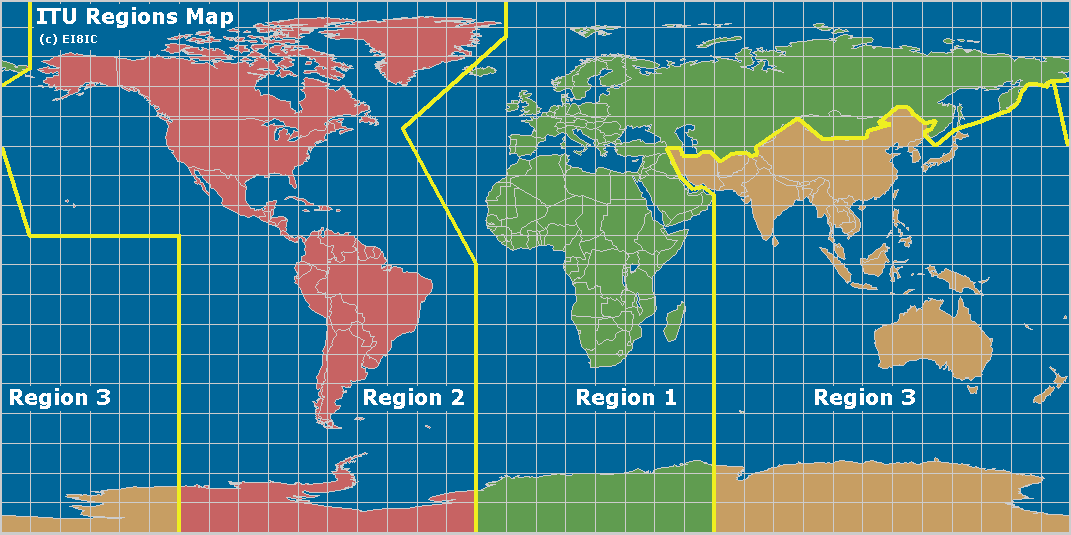World map showing ITU Regions 1, 2 and 3